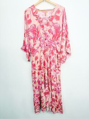 On Shore Pink Floral Tropical Print Cinch Waist Resort Wear Beach Maxi Dress NEW